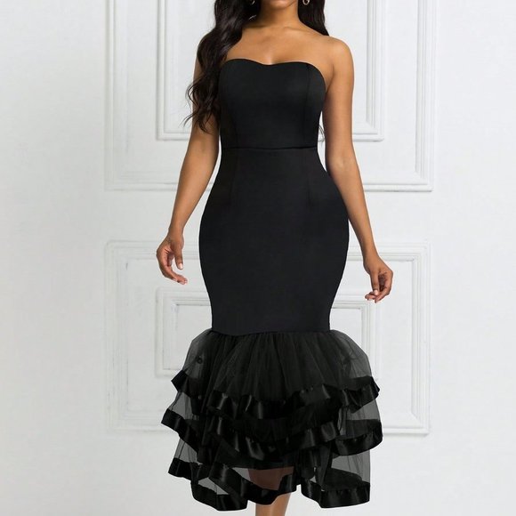 . Dresses & Skirts - Black Preppy Womens Contrast Mesh Mermaid Hem Tube Dress